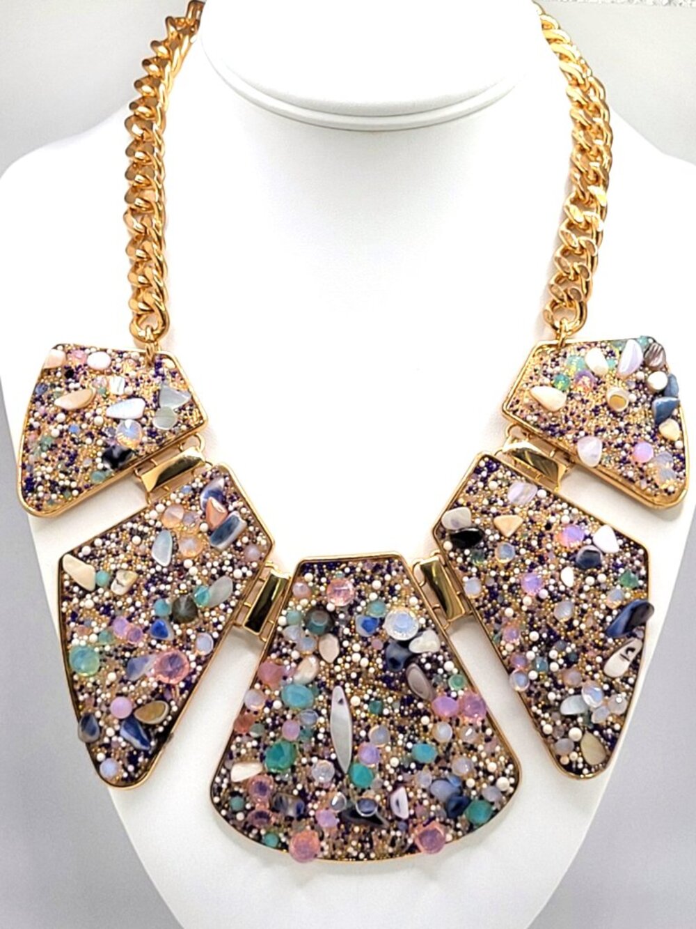 ALDO Bold Statement Necklace Gold Tone Mosaic Acrylic Gems 17" Signed